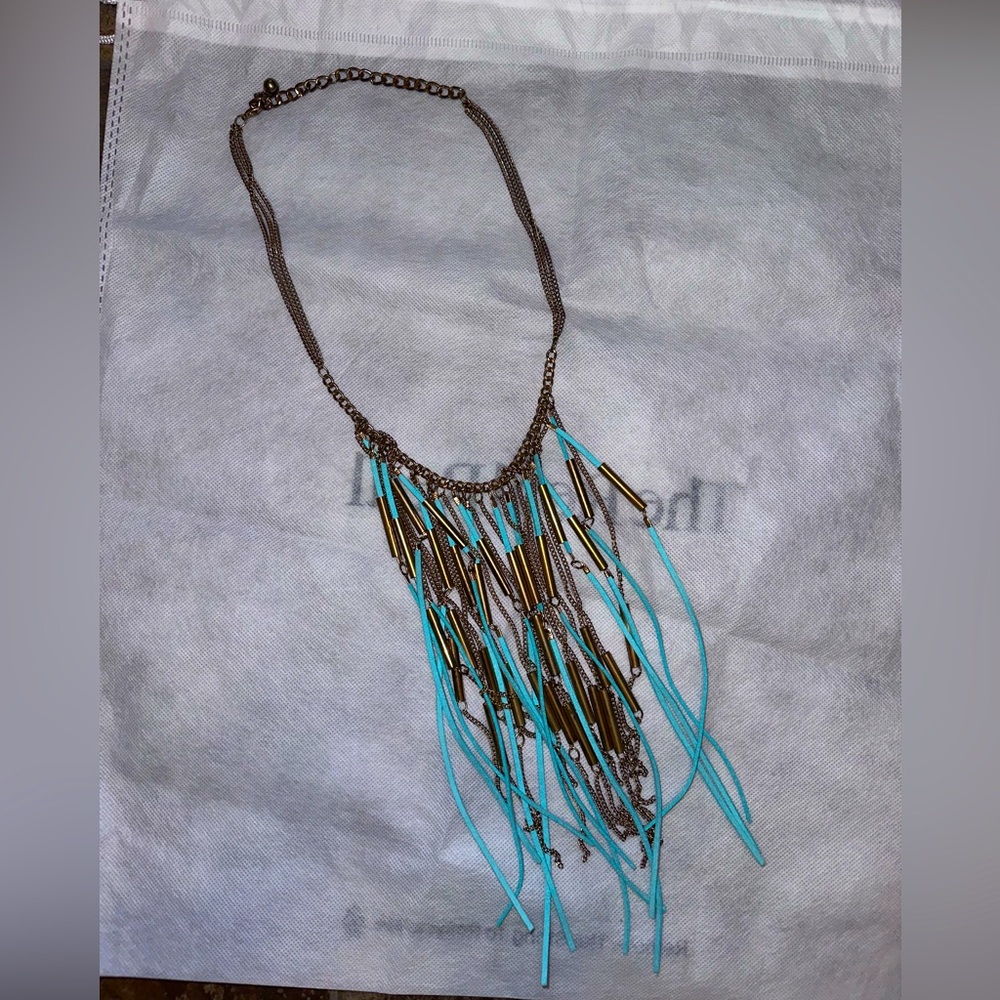 Necklace - Brass with turquoise faux suede accents
